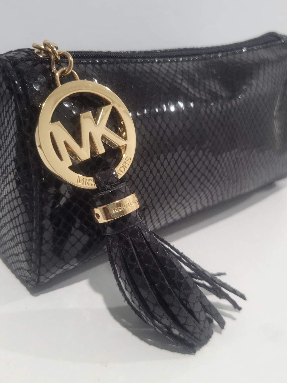 Michael Kors Black Snake-Embossed Leather Cosmetic Purse Clutch Good Cond